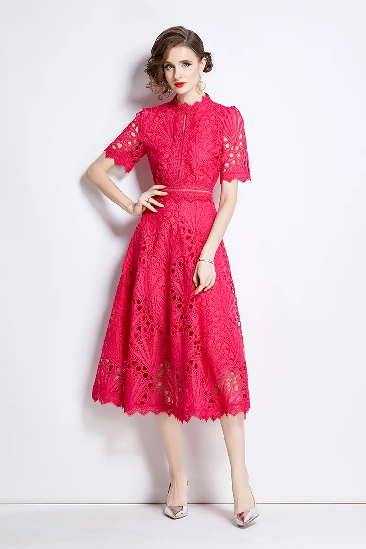 H Han Queen Spring New Elegant Casual Work Party Dresses Floral Crochet Hollow Out Lace Patchwork Casual Office Midi Dress