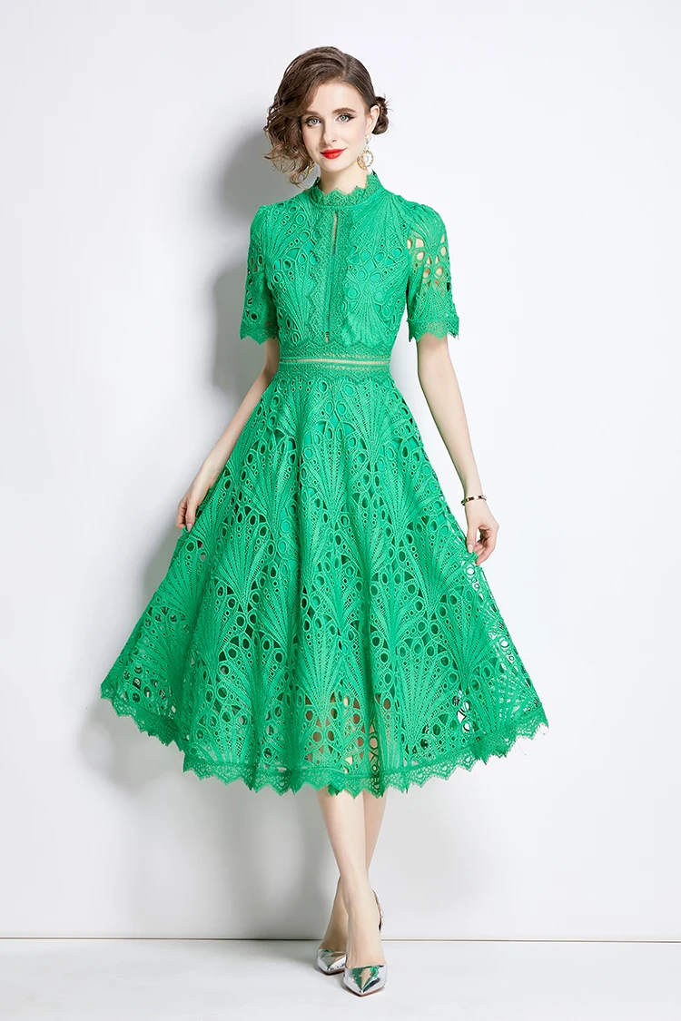 H Han Queen Spring New Elegant Casual Work Party Dresses Floral Crochet Hollow Out Lace Patchwork Casual Office Midi Dress