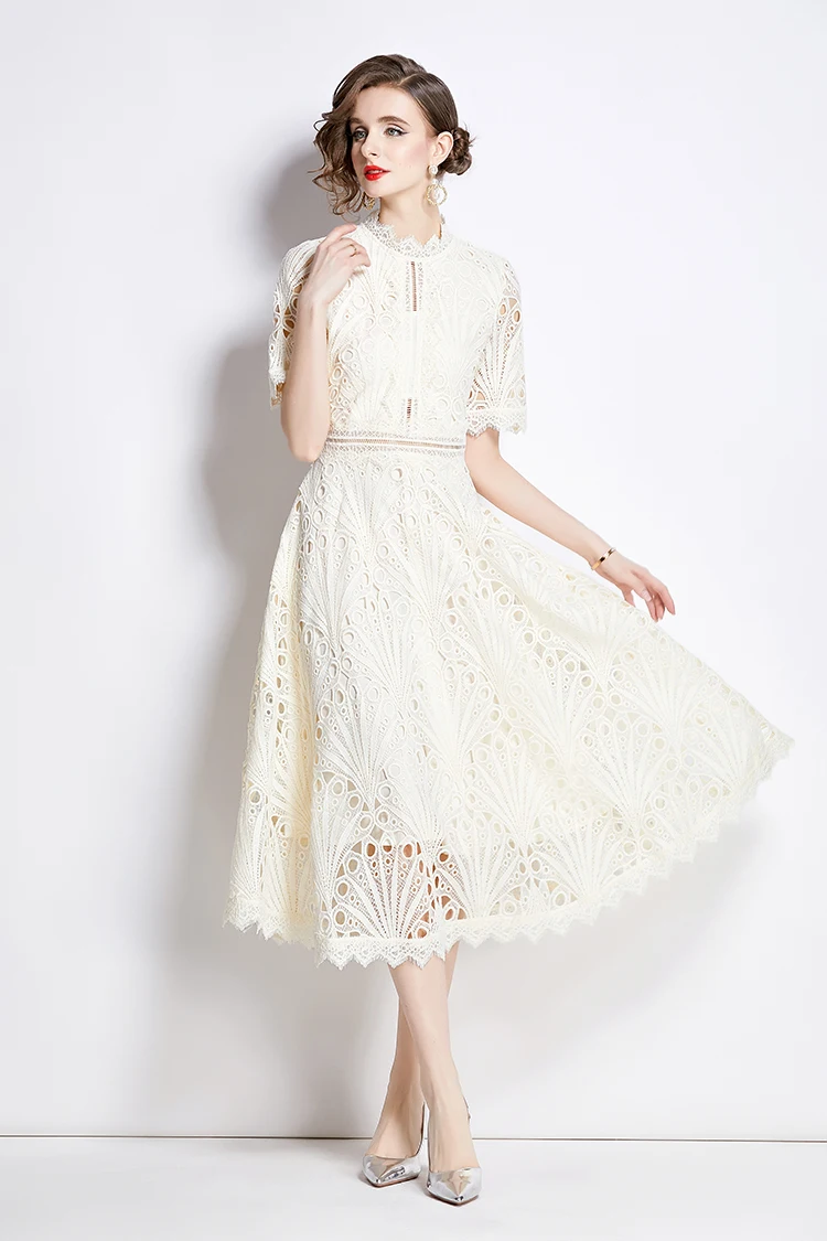 H Han Queen Spring New Elegant Casual Work Party Dresses Floral Crochet Hollow Out Lace Patchwork Casual Office Midi Dress