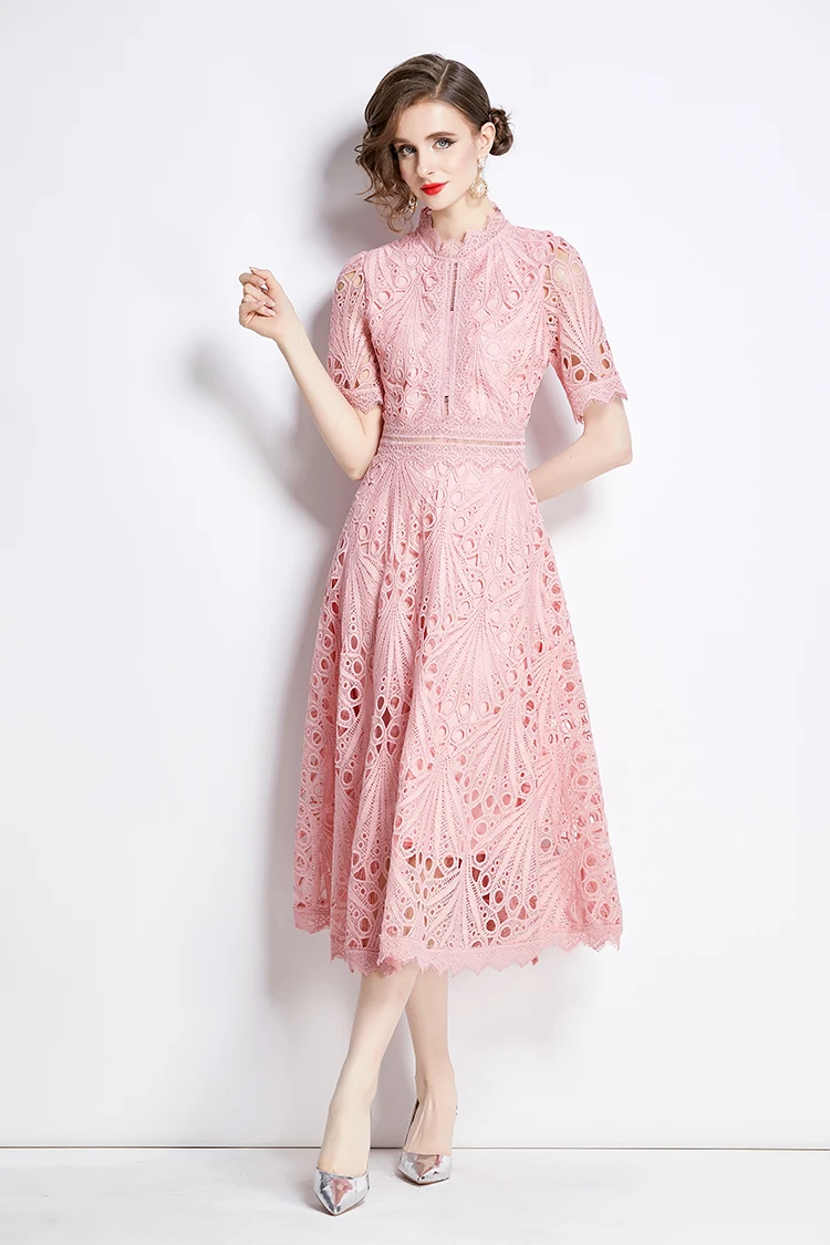 H Han Queen Spring New Elegant Casual Work Party Dresses Floral Crochet Hollow Out Lace Patchwork Casual Office Midi Dress