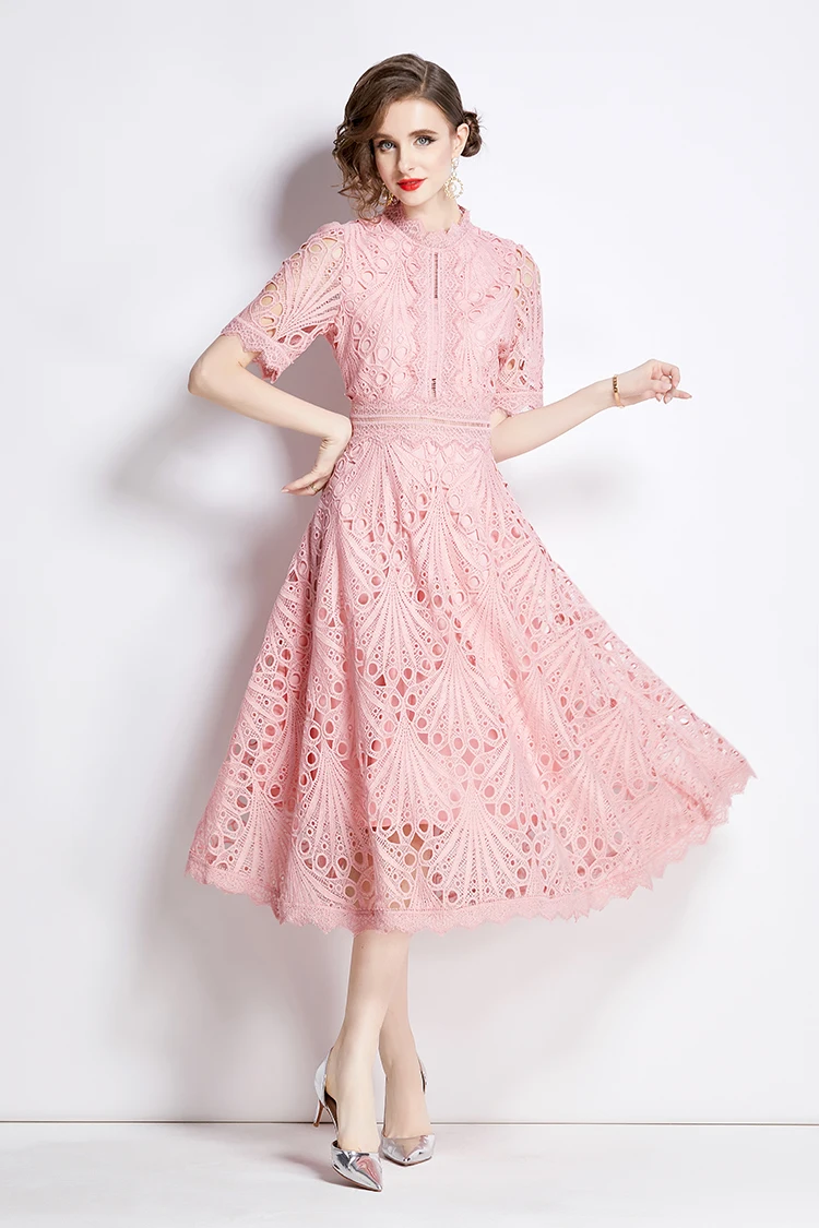 H Han Queen Spring New Elegant Casual Work Party Dresses Floral Crochet Hollow Out Lace Patchwork Casual Office Midi Dress