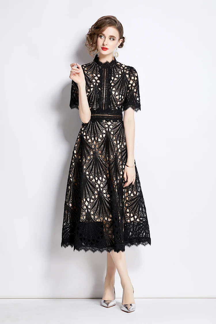 H Han Queen Spring New Elegant Casual Work Party Dresses Floral Crochet Hollow Out Lace Patchwork Casual Office Midi Dress