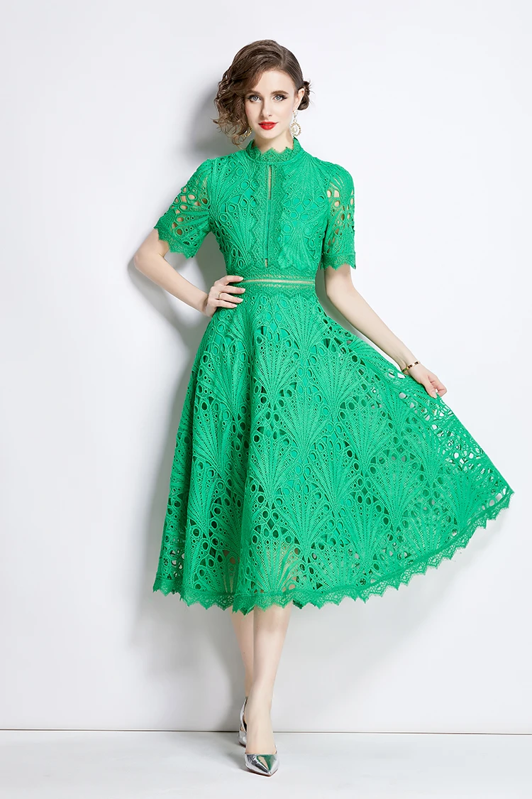 H Han Queen Spring New Elegant Casual Work Party Dresses Floral Crochet Hollow Out Lace Patchwork Casual Office Midi Dress