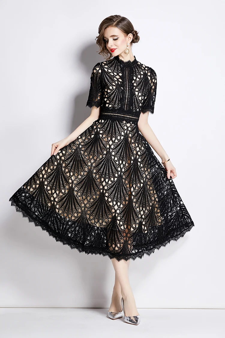 H Han Queen Spring New Elegant Casual Work Party Dresses Floral Crochet Hollow Out Lace Patchwork Casual Office Midi Dress