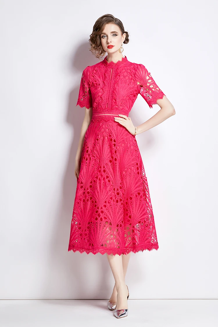 H Han Queen Spring New Elegant Casual Work Party Dresses Floral Crochet Hollow Out Lace Patchwork Casual Office Midi Dress