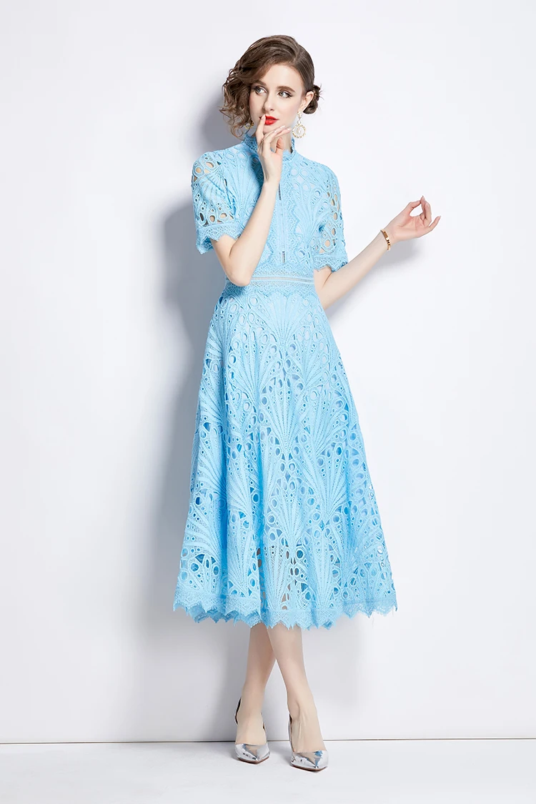H Han Queen Spring New Elegant Casual Work Party Dresses Floral Crochet Hollow Out Lace Patchwork Casual Office Midi Dress