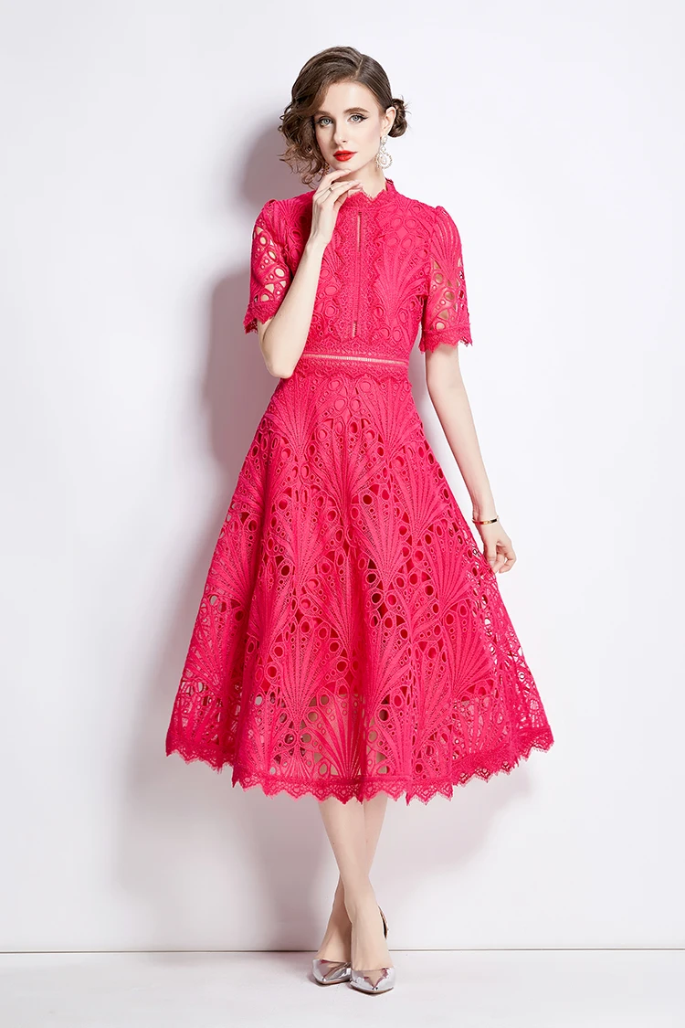 H Han Queen Spring New Elegant Casual Work Party Dresses Floral Crochet Hollow Out Lace Patchwork Casual Office Midi Dress