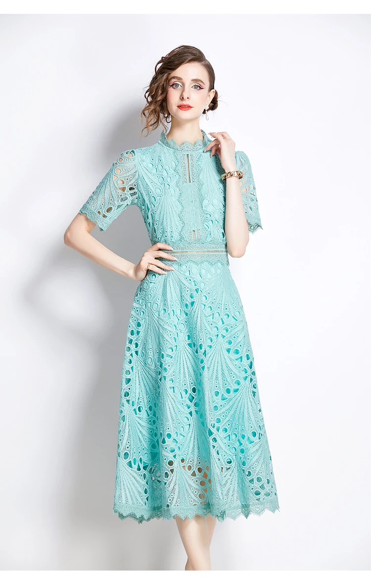 H Han Queen Spring New Elegant Casual Work Party Dresses Floral Crochet Hollow Out Lace Patchwork Casual Office Midi Dress