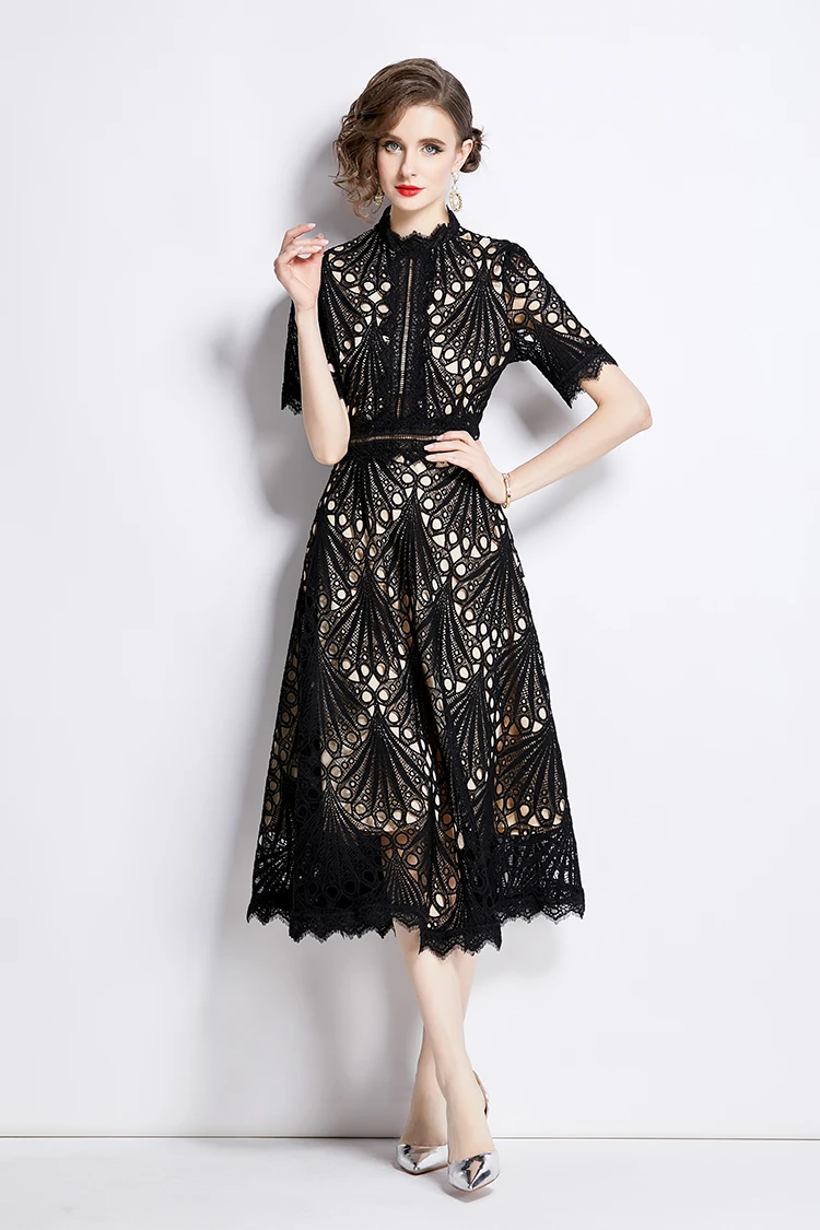 H Han Queen Spring New Elegant Casual Work Party Dresses Floral Crochet Hollow Out Lace Patchwork Casual Office Midi Dress