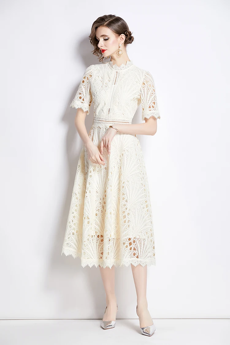 H Han Queen Spring New Elegant Casual Work Party Dresses Floral Crochet Hollow Out Lace Patchwork Casual Office Midi Dress