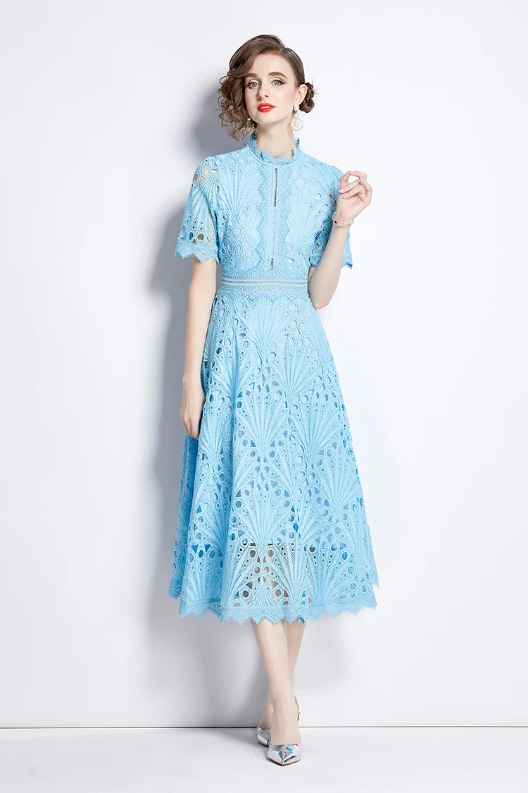 H Han Queen Spring New Elegant Casual Work Party Dresses Floral Crochet Hollow Out Lace Patchwork Casual Office Midi Dress