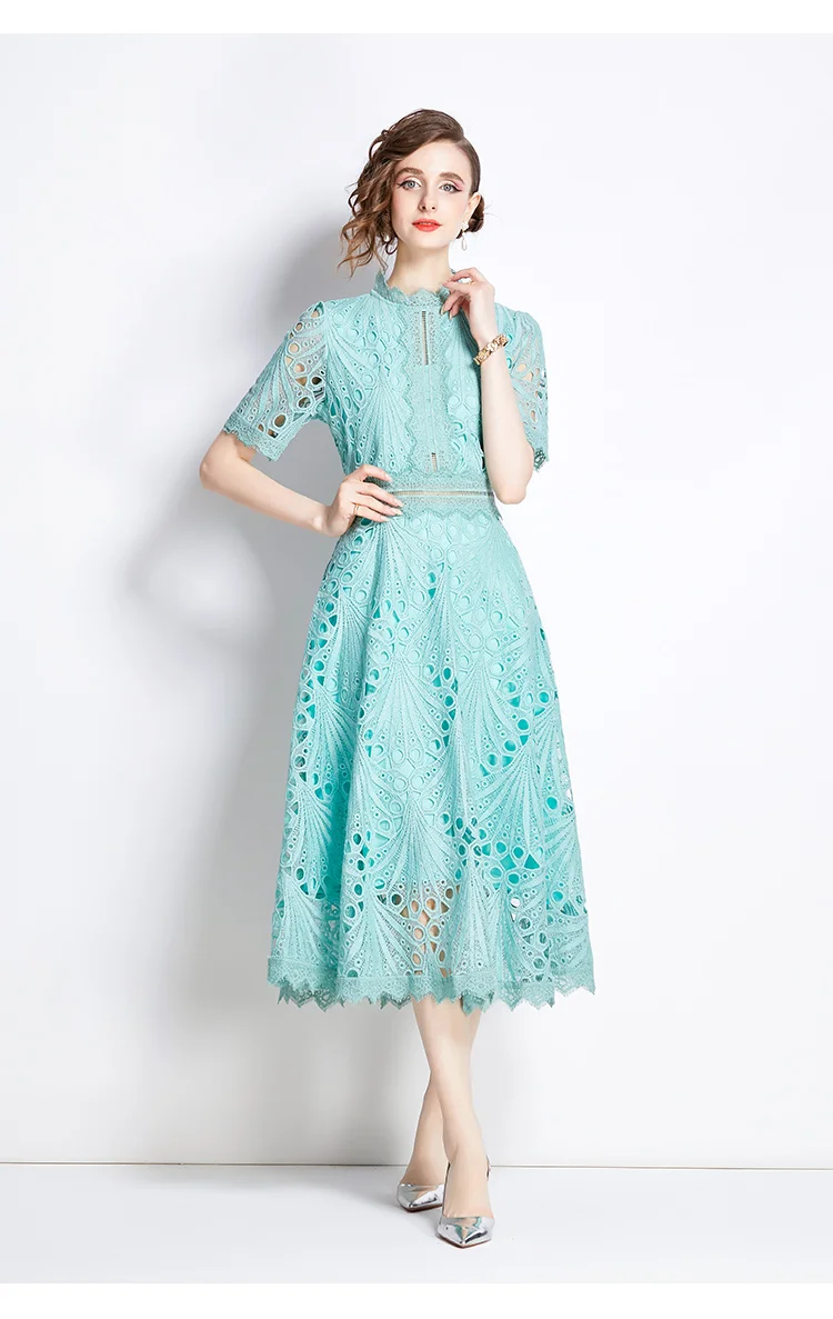 H Han Queen Spring New Elegant Casual Work Party Dresses Floral Crochet Hollow Out Lace Patchwork Casual Office Midi Dress