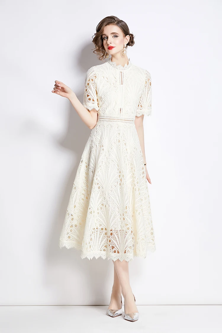H Han Queen Spring New Elegant Casual Work Party Dresses Floral Crochet Hollow Out Lace Patchwork Casual Office Midi Dress