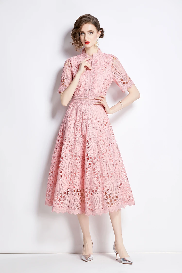 H Han Queen Spring New Elegant Casual Work Party Dresses Floral Crochet Hollow Out Lace Patchwork Casual Office Midi Dress