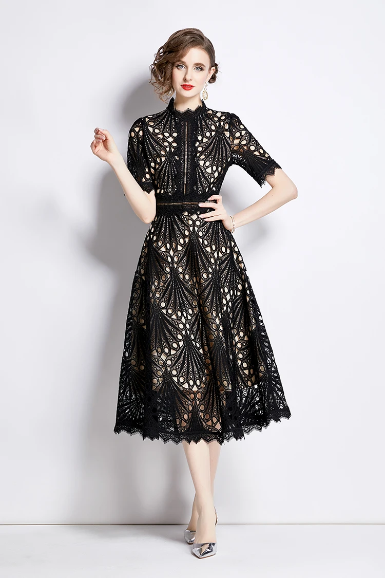 H Han Queen Spring New Elegant Casual Work Party Dresses Floral Crochet Hollow Out Lace Patchwork Casual Office Midi Dress