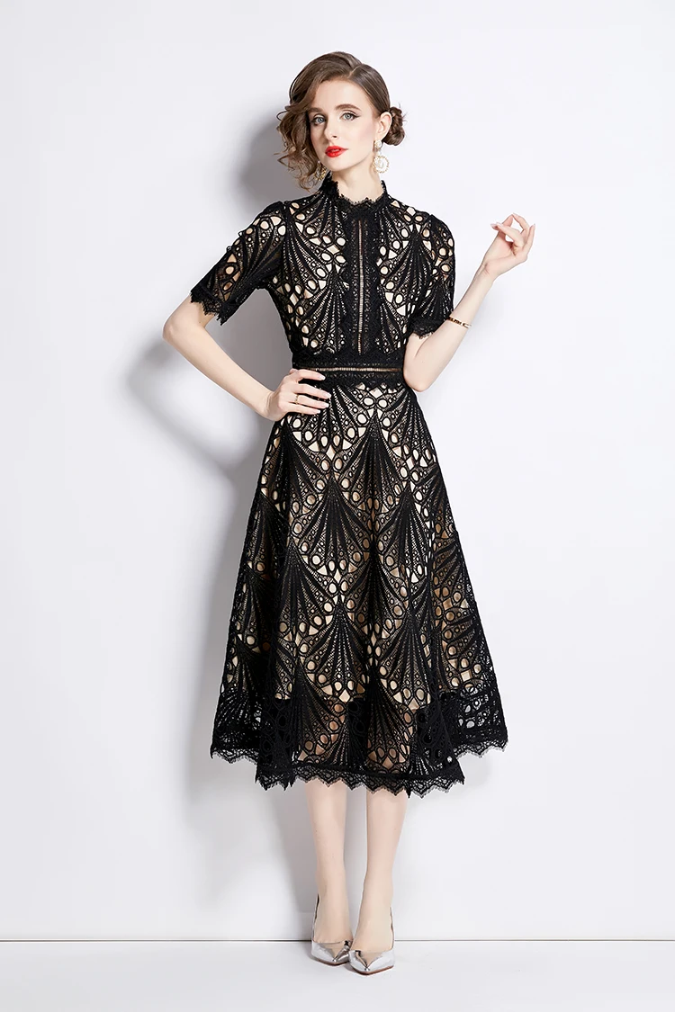 H Han Queen Spring New Elegant Casual Work Party Dresses Floral Crochet Hollow Out Lace Patchwork Casual Office Midi Dress