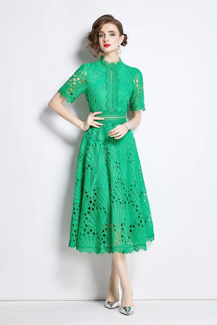 H Han Queen Spring New Elegant Casual Work Party Dresses Floral Crochet Hollow Out Lace Patchwork Casual Office Midi Dress