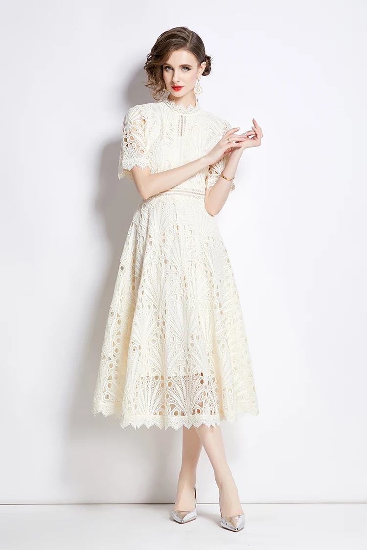 H Han Queen Spring New Elegant Casual Work Party Dresses Floral Crochet Hollow Out Lace Patchwork Casual Office Midi Dress