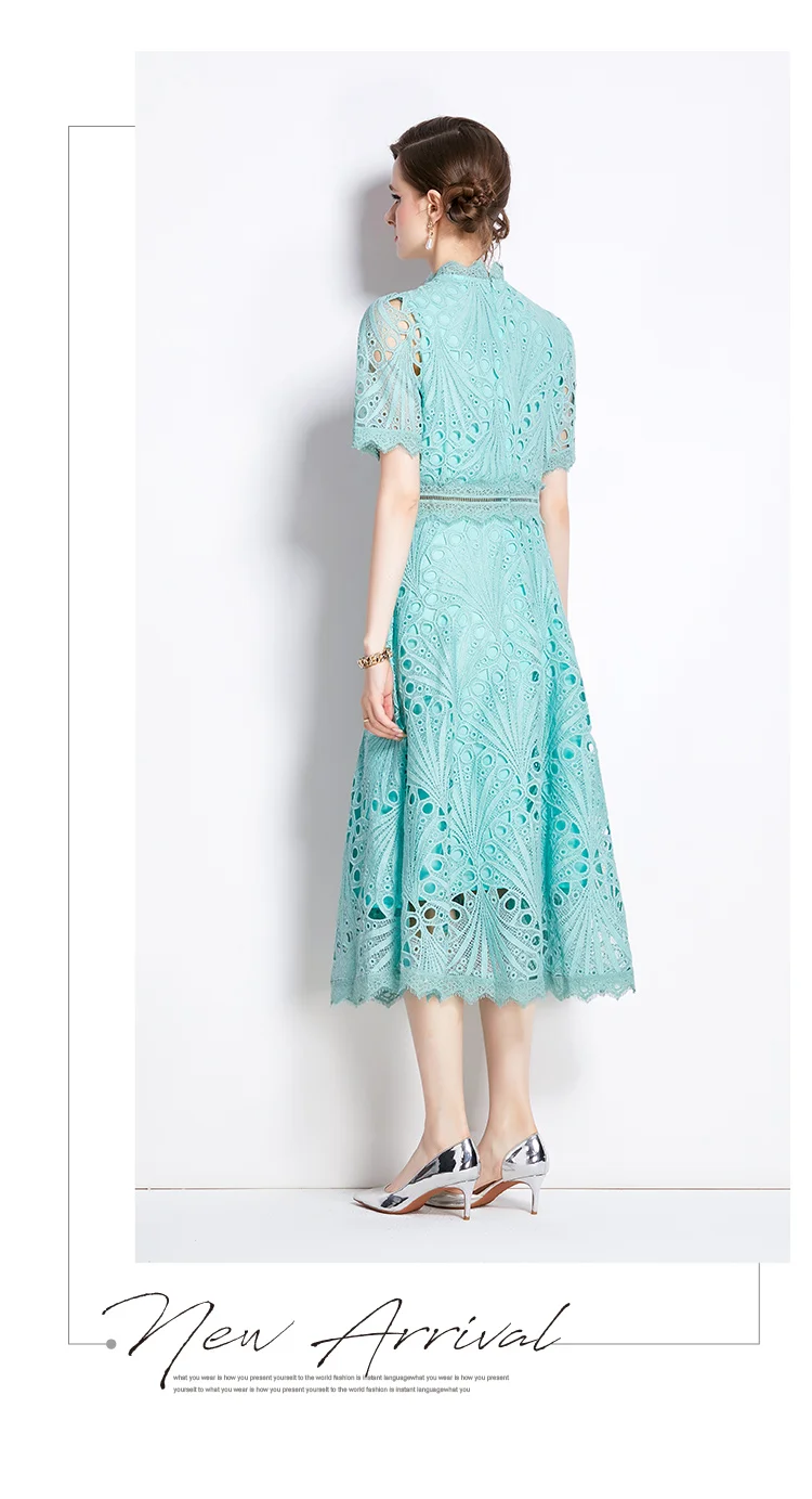 H Han Queen Spring New Elegant Casual Work Party Dresses Floral Crochet Hollow Out Lace Patchwork Casual Office Midi Dress