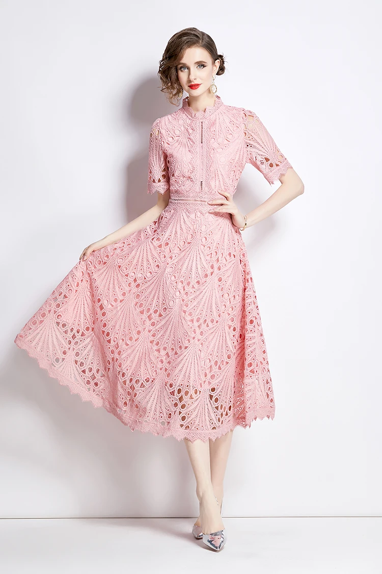 H Han Queen Spring New Elegant Casual Work Party Dresses Floral Crochet Hollow Out Lace Patchwork Casual Office Midi Dress