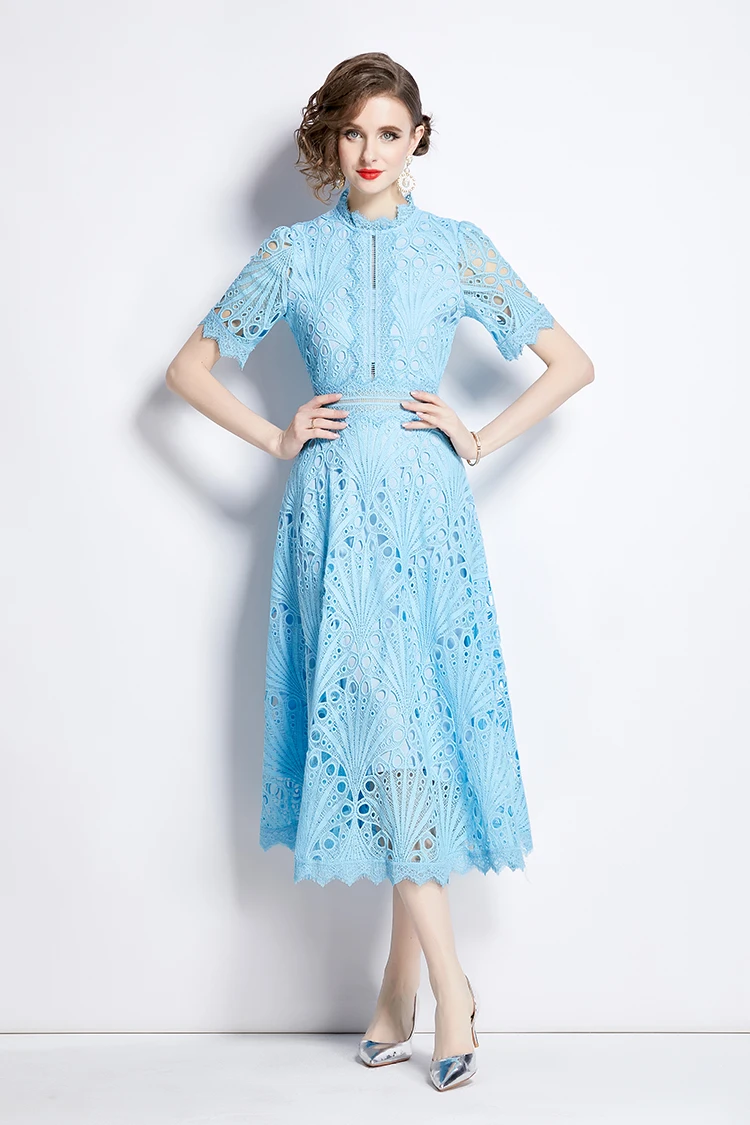 H Han Queen Spring New Elegant Casual Work Party Dresses Floral Crochet Hollow Out Lace Patchwork Casual Office Midi Dress