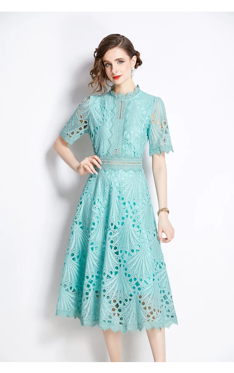 H Han Queen Spring New Elegant Casual Work Party Dresses Floral Crochet Hollow Out Lace Patchwork Casual Office Midi Dress