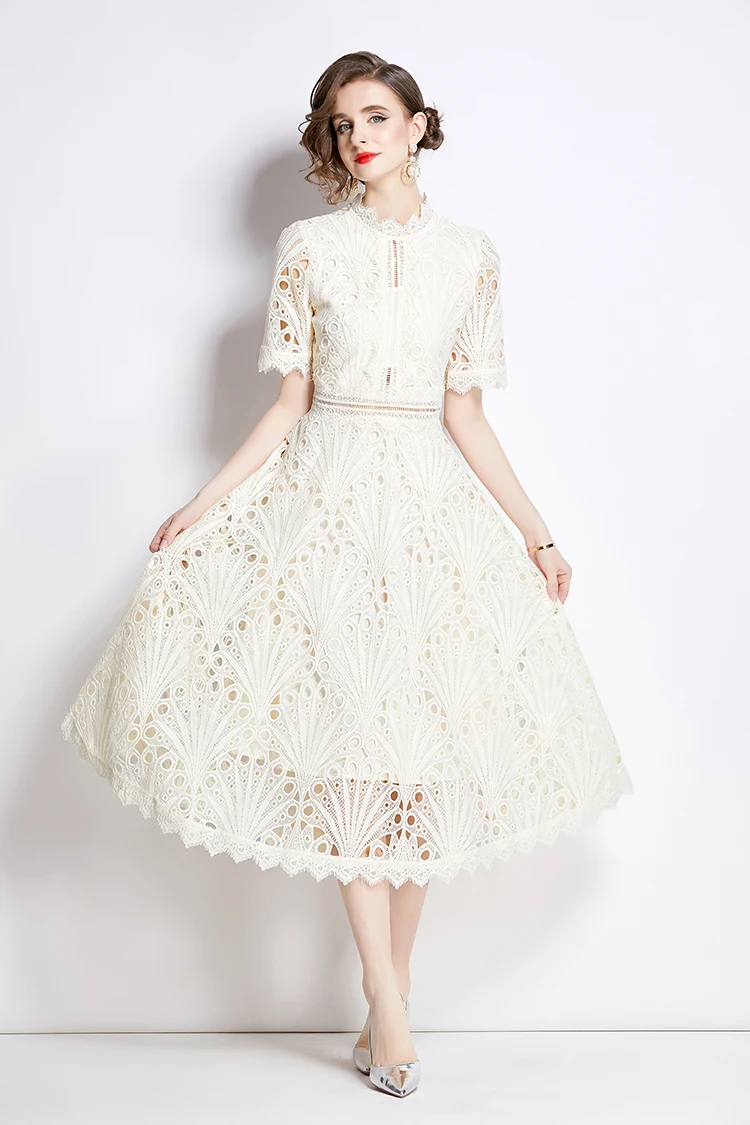 H Han Queen Spring New Elegant Casual Work Party Dresses Floral Crochet Hollow Out Lace Patchwork Casual Office Midi Dress