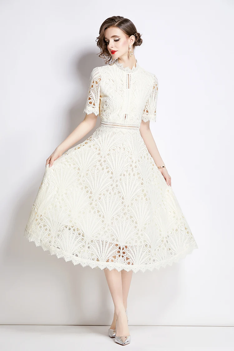 H Han Queen Spring New Elegant Casual Work Party Dresses Floral Crochet Hollow Out Lace Patchwork Casual Office Midi Dress