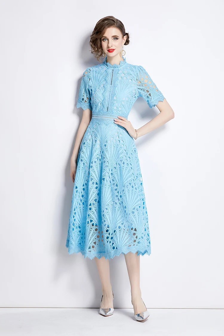 H Han Queen Spring New Elegant Casual Work Party Dresses Floral Crochet Hollow Out Lace Patchwork Casual Office Midi Dress