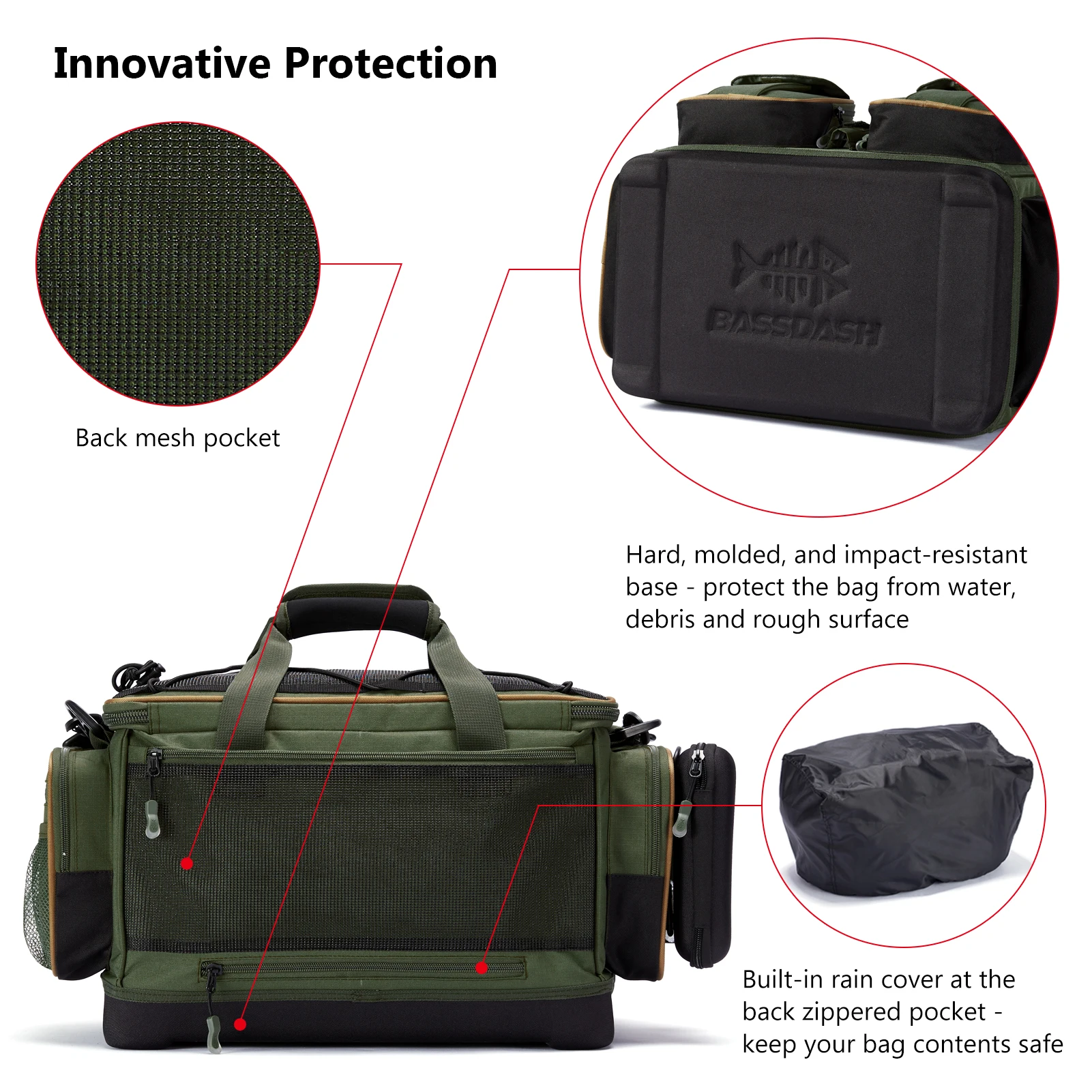 BASSDASH Fishing Tackle Shoulder Bag Water Resistant Lightweight Gear Storage Pack with Hard Molded Bottom Rain Cover