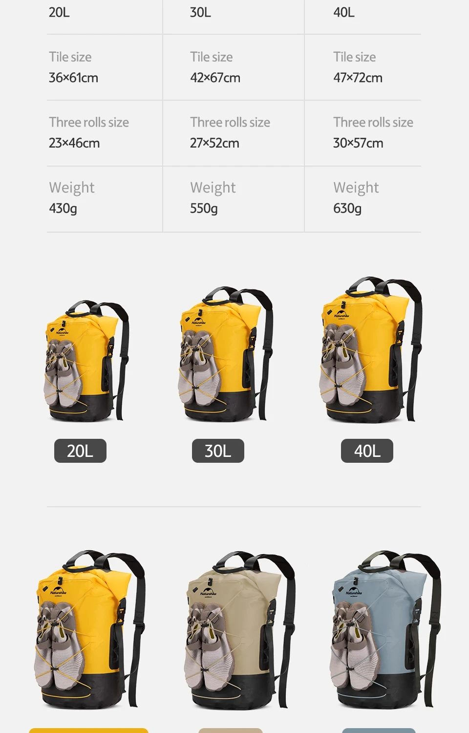 Naturehike Outdoor Waterproof Bag Wet & Dry Separation Outdoor Portable 20-40L Large Capacity Trail Bags Diving Backpack