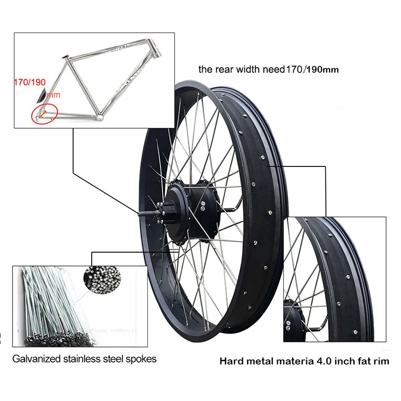 Snow Electric Bike Kit 48V 1000W Rear Brushless Gear Hub Motor Wheel 170MM 190MM Open Size 20“ 26“ Fat Tire for Snow EBike