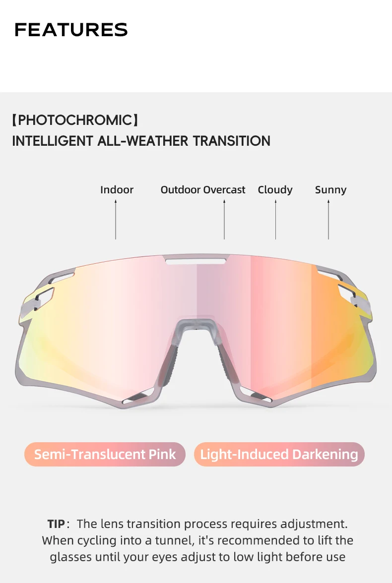 ROCKBROS Photochromic Cycling Glasses HD Curved Lens Ultra-Light Bicycle Glasses Outdoor Cycling Eyewear UV Protection Goggles