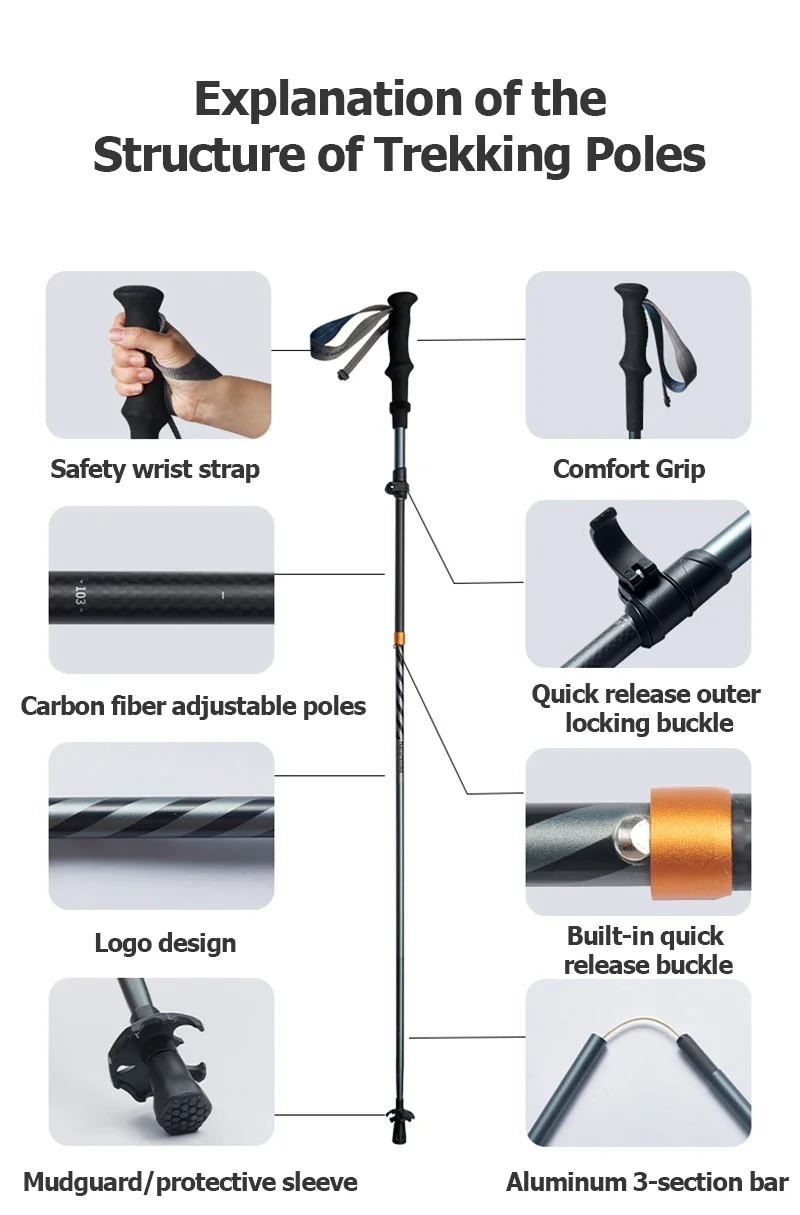 Naturehike Gale UL PRO Trekking Pole Carbon Fiber 7075 Aluminum Alloy Folding Stick Lightweight Outdoor Climbing Walking Sticks
