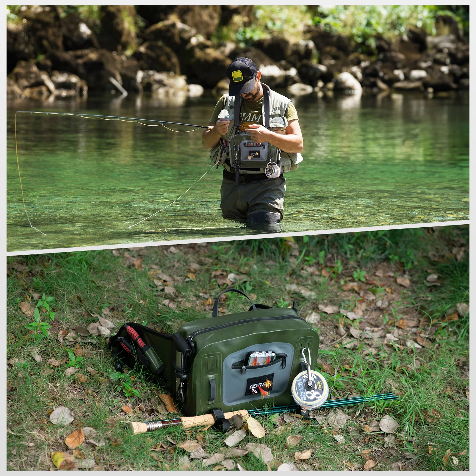 Goture Fishing Tackle Bag IPX8 Waterproof Multifunctional Halter Waist Pack Large Capacity Bag for Fly Fishing Outdoor Camping