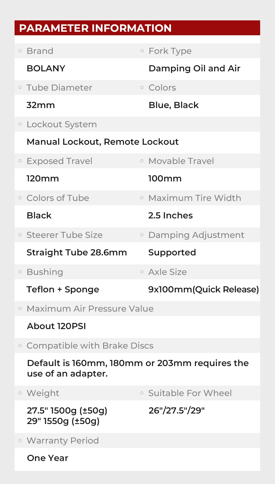BOLANY MTB Air Fork 26 27.5 29Inch 120mm Travel Air Oil Suspension 9x100mm QR Lightweight Bike Fork R29 Bicycle Accessories Part