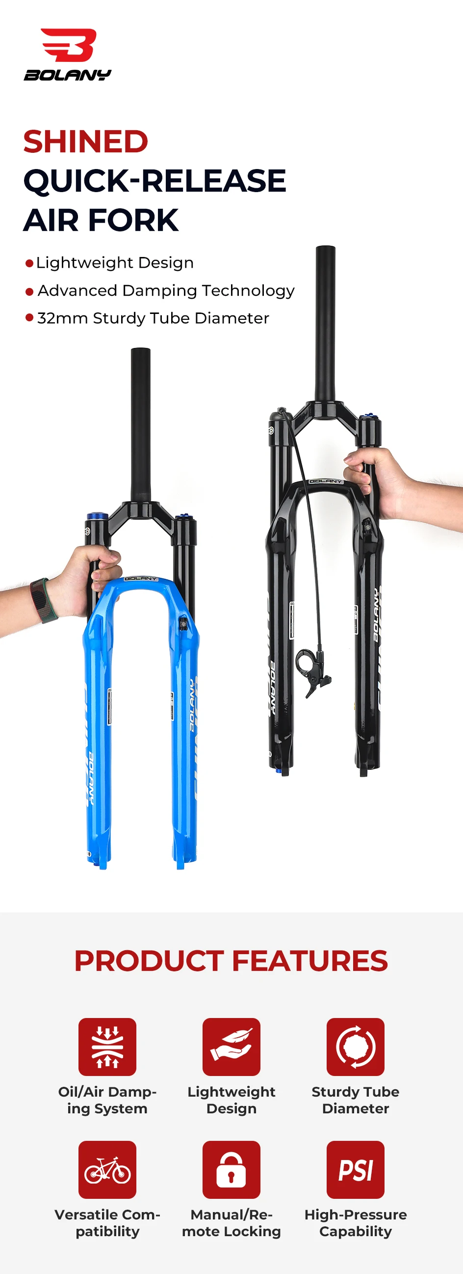 BOLANY MTB Air Fork 26 27.5 29Inch 120mm Travel Air Oil Suspension 9x100mm QR Lightweight Bike Fork R29 Bicycle Accessories Part