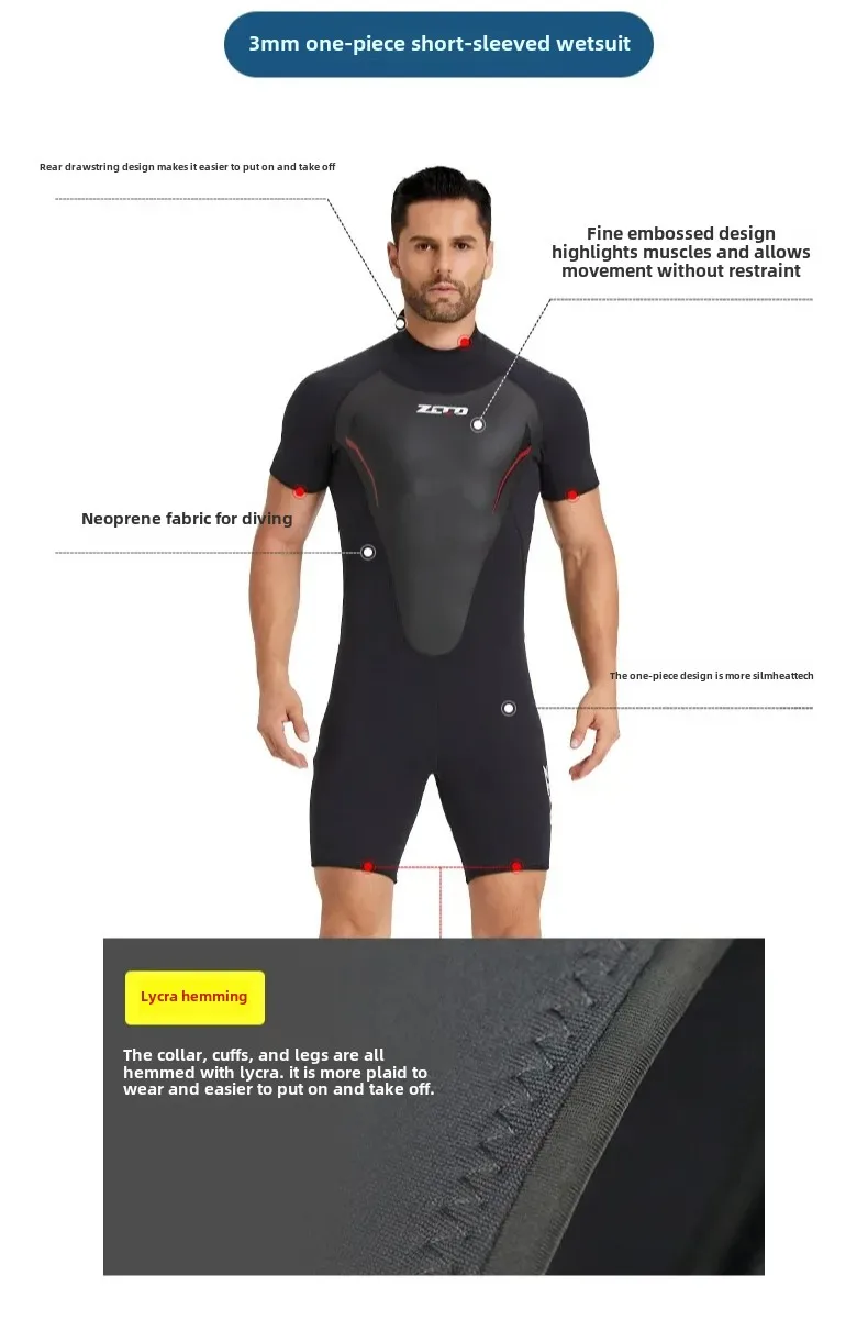 3MM Neoprene Wetsuit Men's One-piece Short Sleeve Thickened Cold Insulation Diving Suit Women's Surf Snorkel Sunscreen Swimsuit