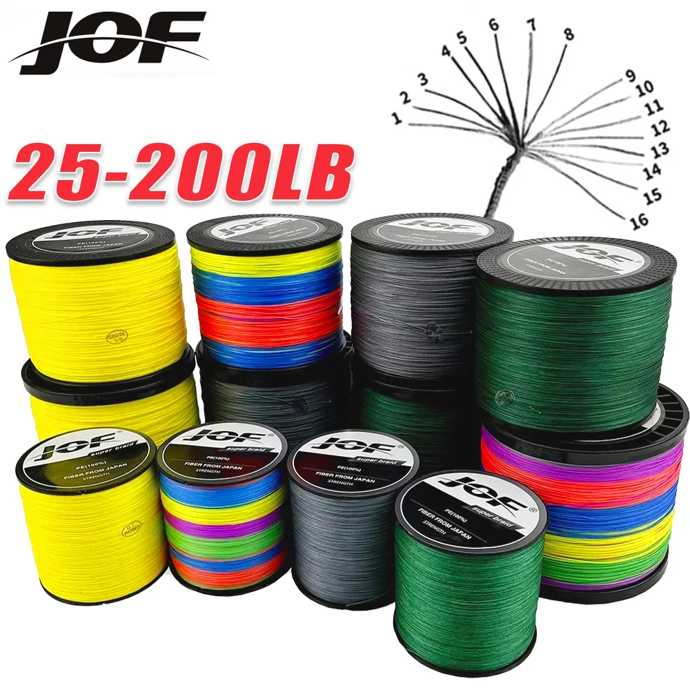 JOF 16 Strands Braided Fishing Line X16 Main Wire Abrasion Resistant Braid PE Lines Freshwater Saltwater Fishing Cord 10-90kg