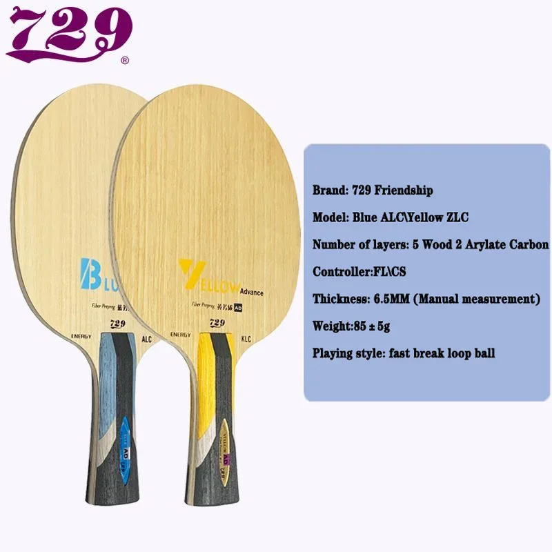 729 Friendship Yellow ALC Table Tennis Blade 5 Wood 2 AD Arylate Carbon Professional Ping Pong Blade Blue ALC Offensive