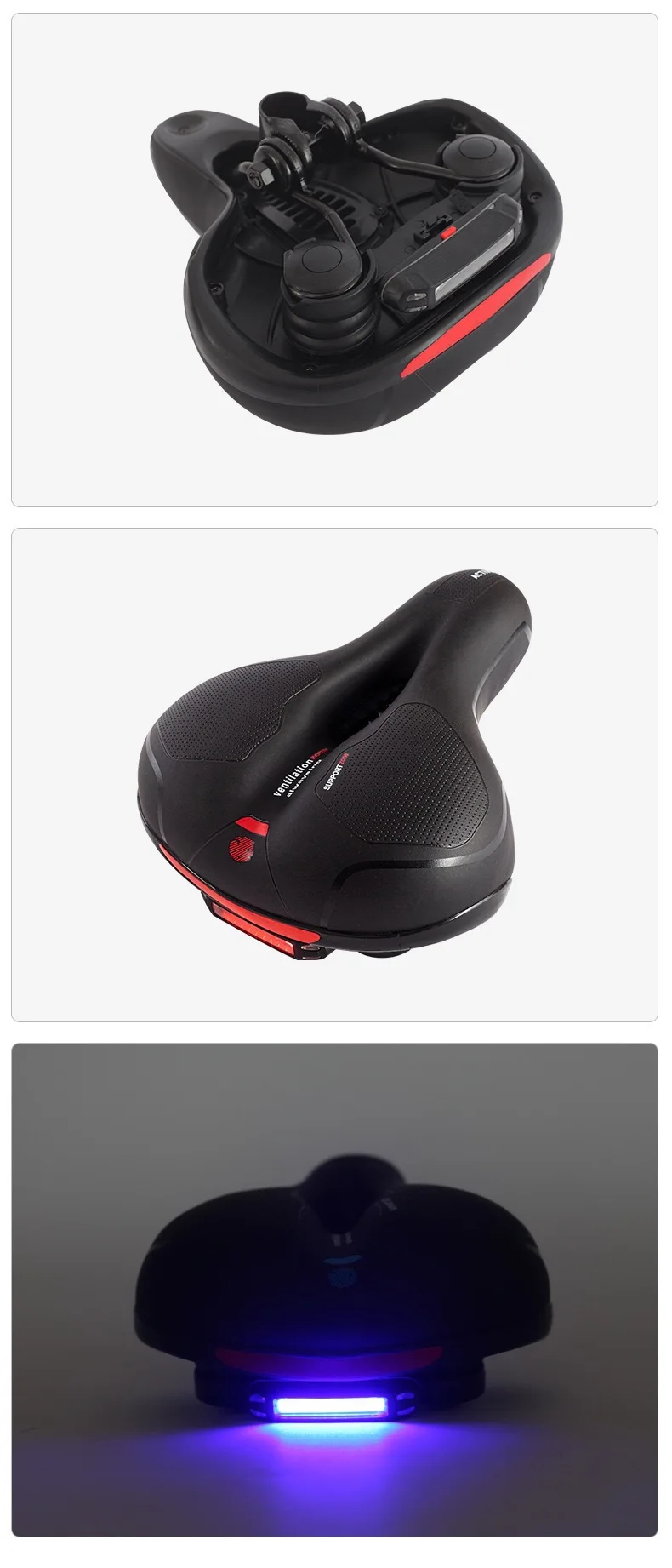 Breathable Taillight Bicycle Saddle Men Women MTB Road Bike Saddle Shock Absorbing Comfortable Big Butt Bike Seat Safety Warning