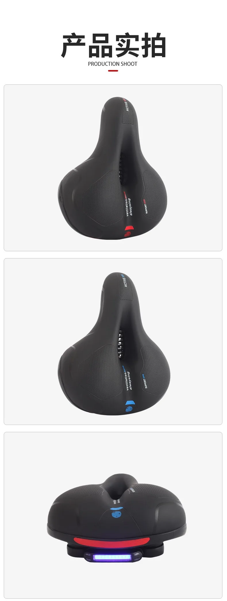 Breathable Taillight Bicycle Saddle Men Women MTB Road Bike Saddle Shock Absorbing Comfortable Big Butt Bike Seat Safety Warning