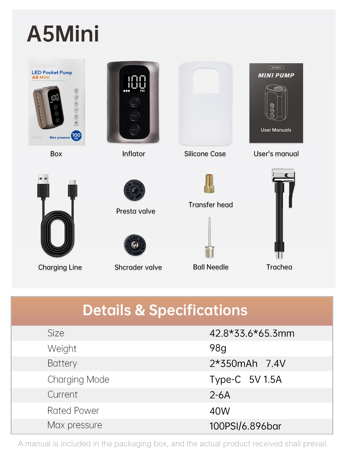 BSCOBBER Bike Accessories Portable Air Pump Tire Inflator Cycling For Mountain Bike Ball MTB Electric Bicycle Tools 100PSI