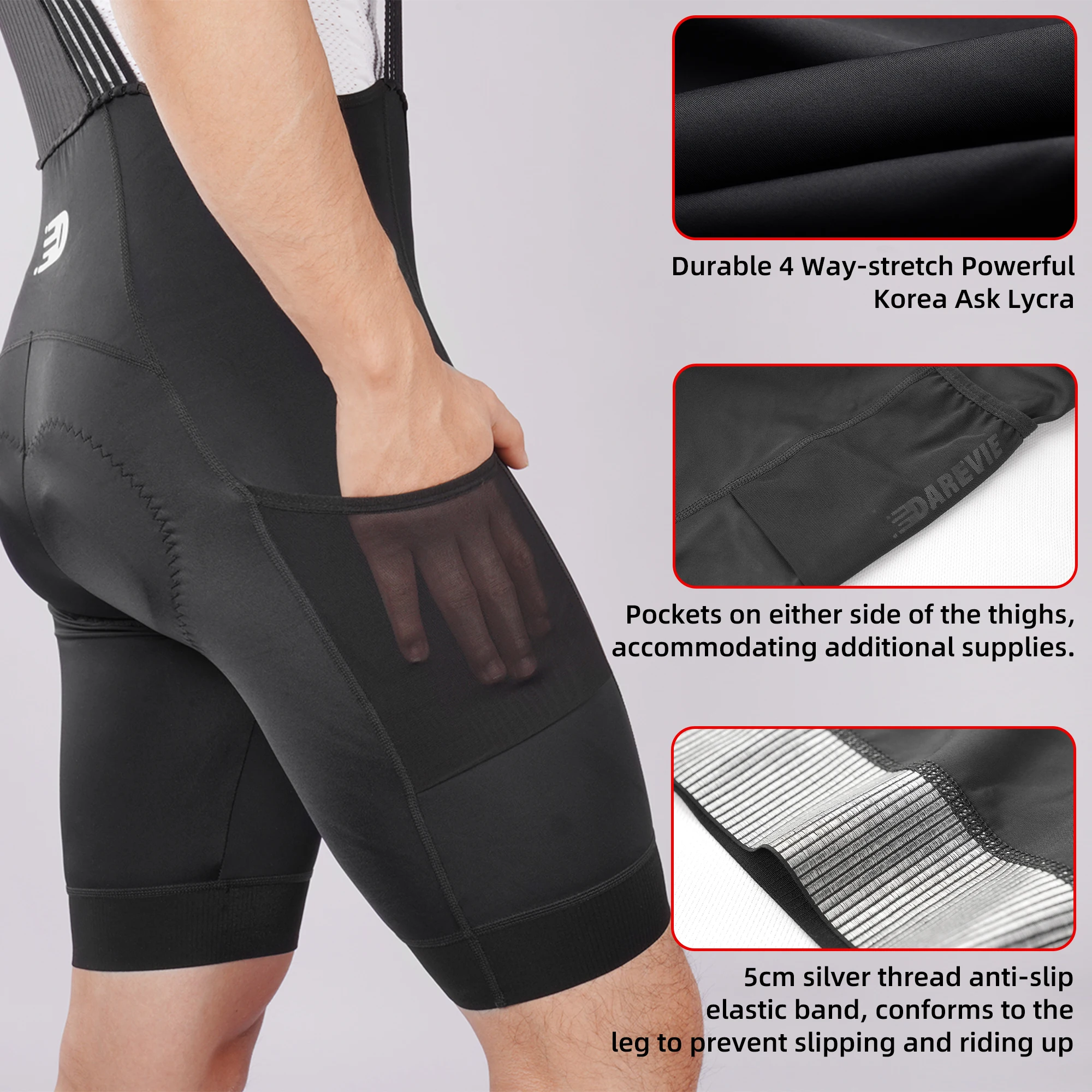 DAREVIE Cycling Bib Shorts Man with Pockets 2025 Men's Cycling Shorts 5CM Leg Gipper Pro Team Men's Cycling Clothing
