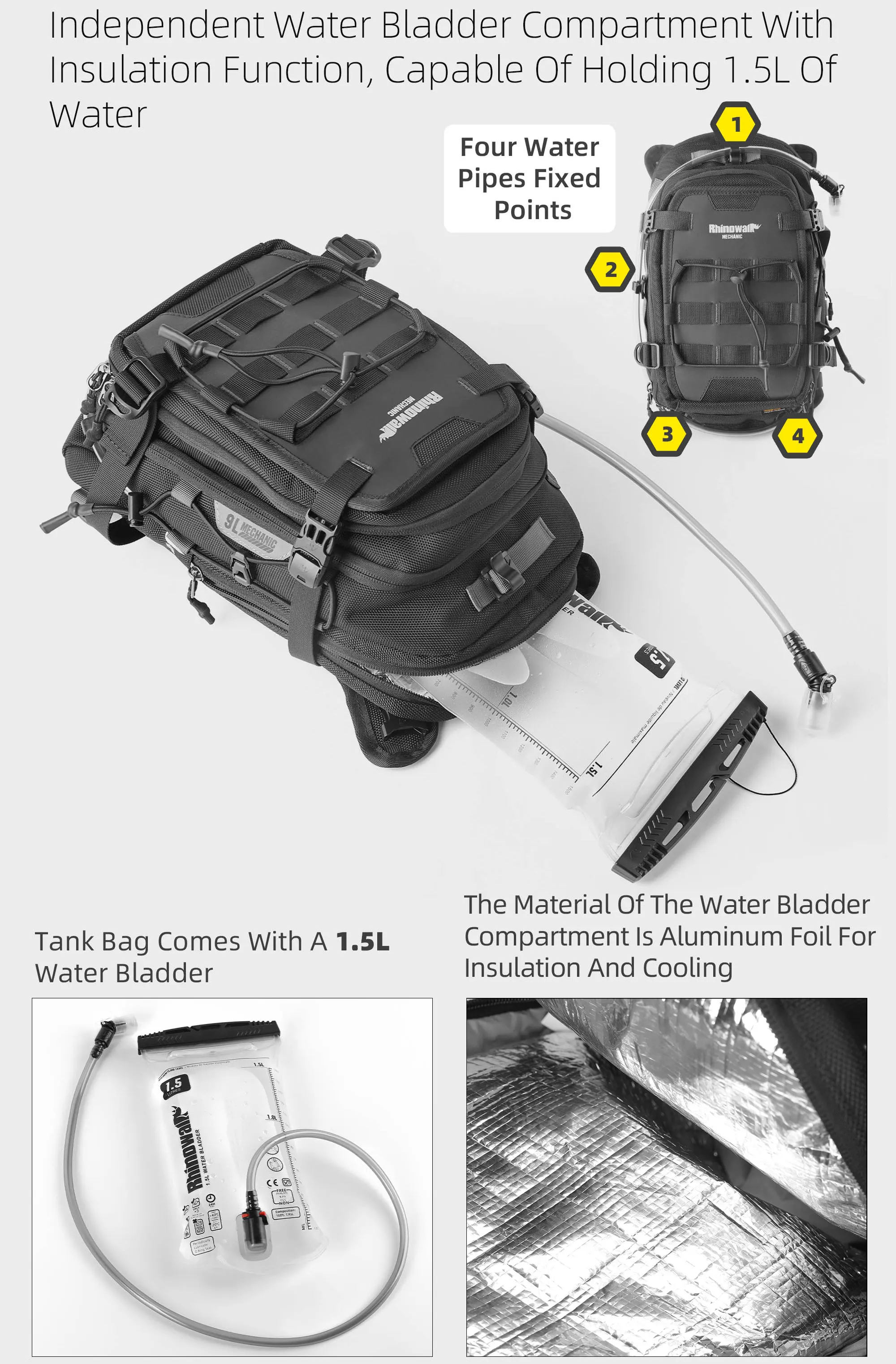 Rhinowalk Motorcycle Tank Bag 9L Waterproof With 1.5L Water Bag Motorcycle Backpack With Rain Cover Multi-function Laggage Bag