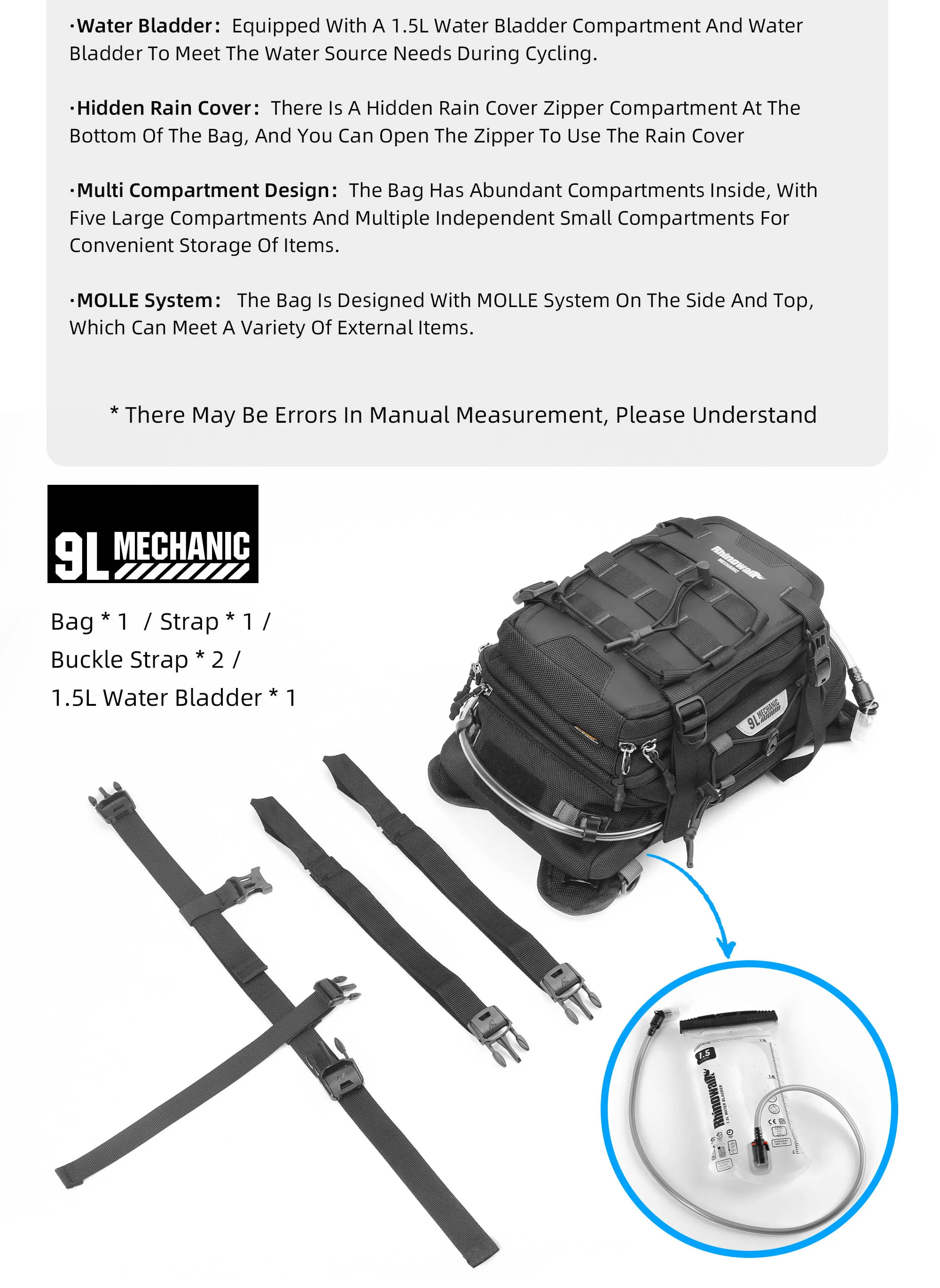 Rhinowalk Motorcycle Tank Bag 9L Waterproof With 1.5L Water Bag Motorcycle Backpack With Rain Cover Multi-function Laggage Bag