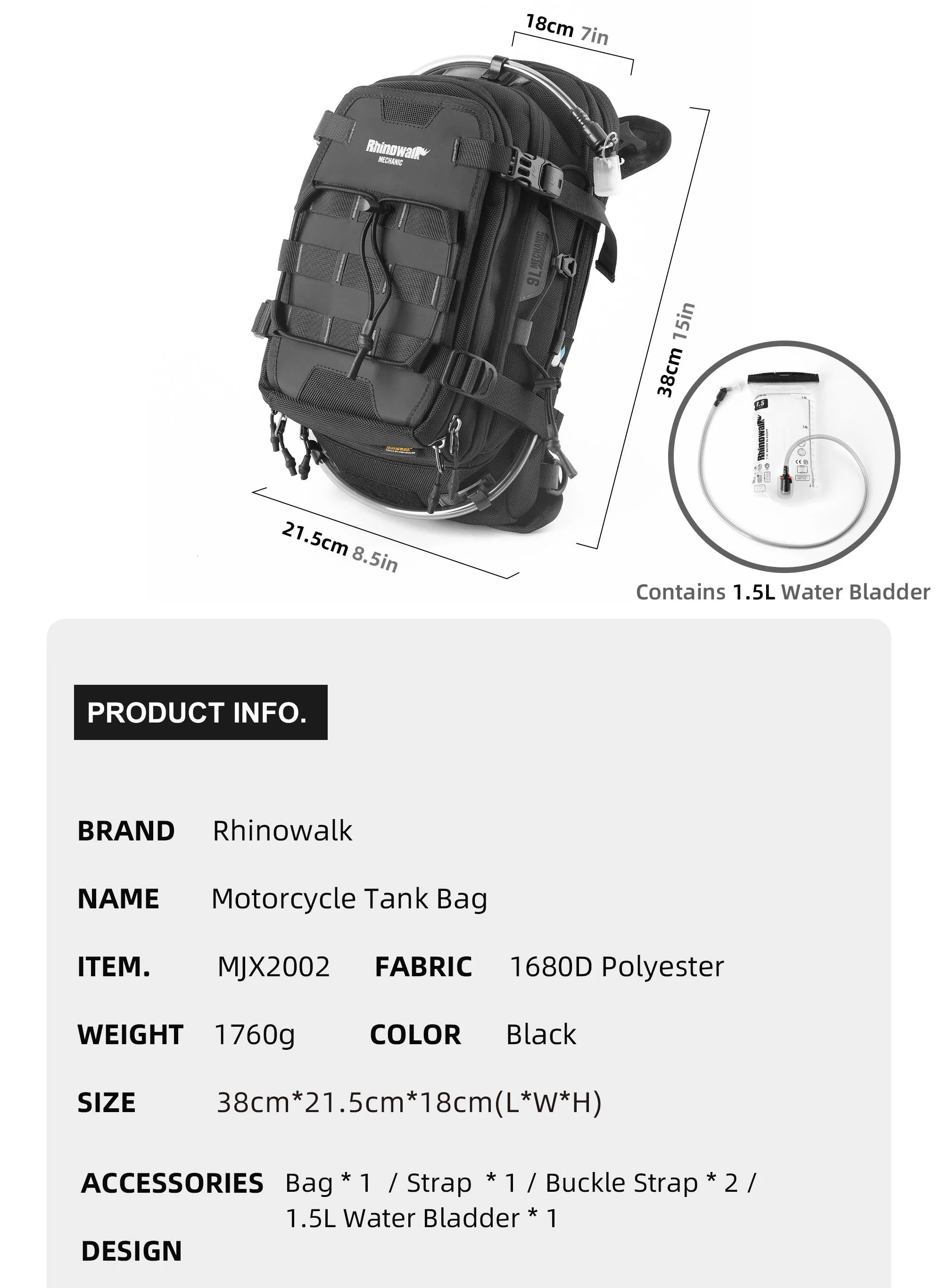 Rhinowalk Motorcycle Tank Bag 9L Waterproof With 1.5L Water Bag Motorcycle Backpack With Rain Cover Multi-function Laggage Bag