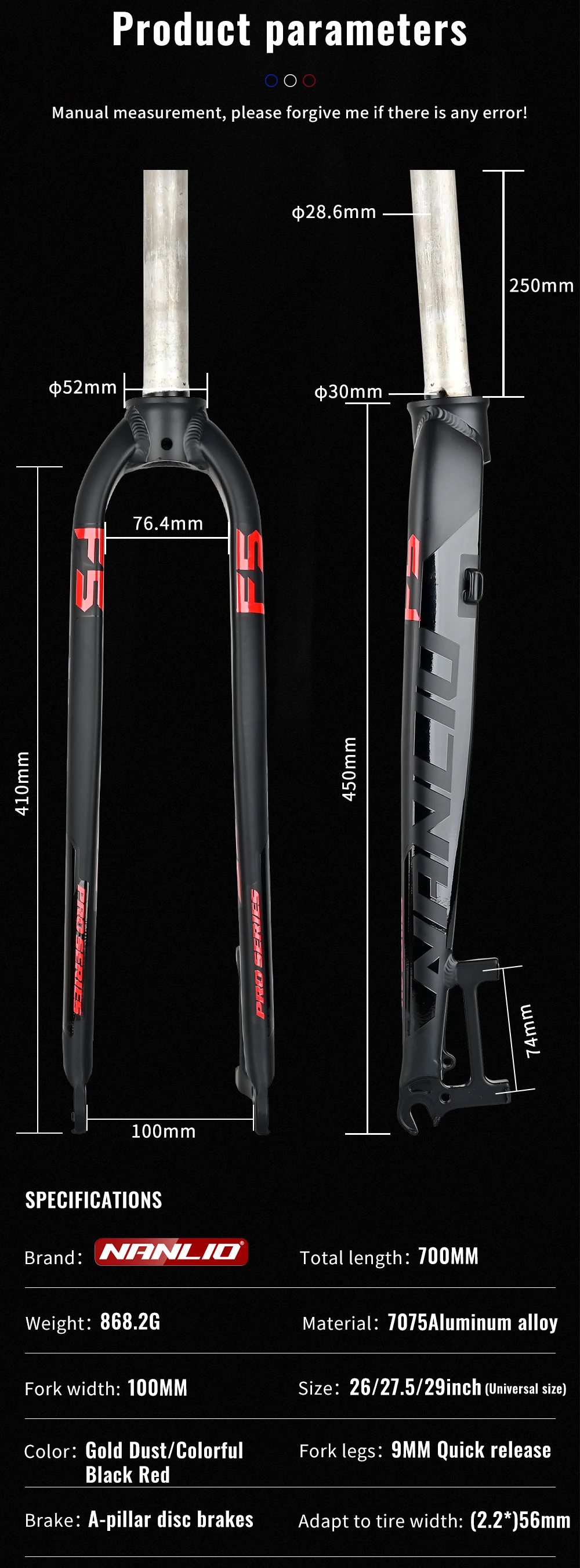 NANLIO F5 Bicycle Fork 26/27.5/29 Inch Aluminum Alloy Mountain Road Bike Bicycle Hard Fork Disc Brake Bicycle Accessorie 880g