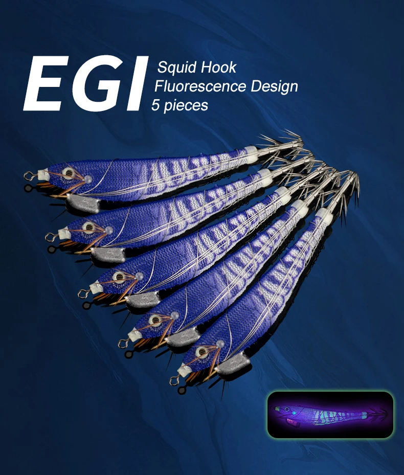 LEYDUN 5pcs Egi Squid Fishing Lures Luminous Horizontal Shrimp LEYDUN Octopus Squid Hook Shrimp Saltwater Baits Fishing Swimbait