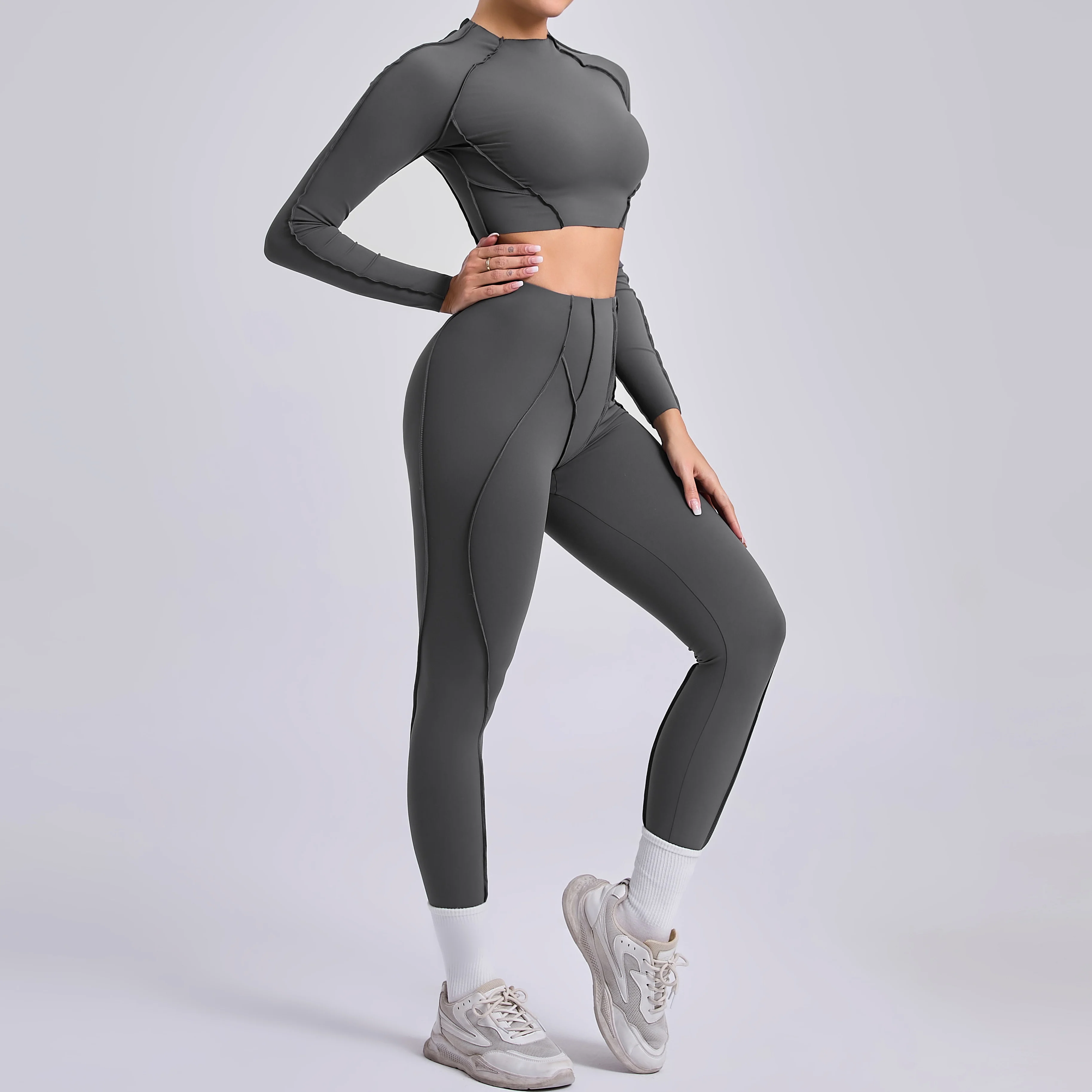 Sportswear Yoga Set Women's Workout Clothes Athletic Wear Sports Gym Legging Seamless Fitness Bra Crop Top Long Sleeve Yoga Suit